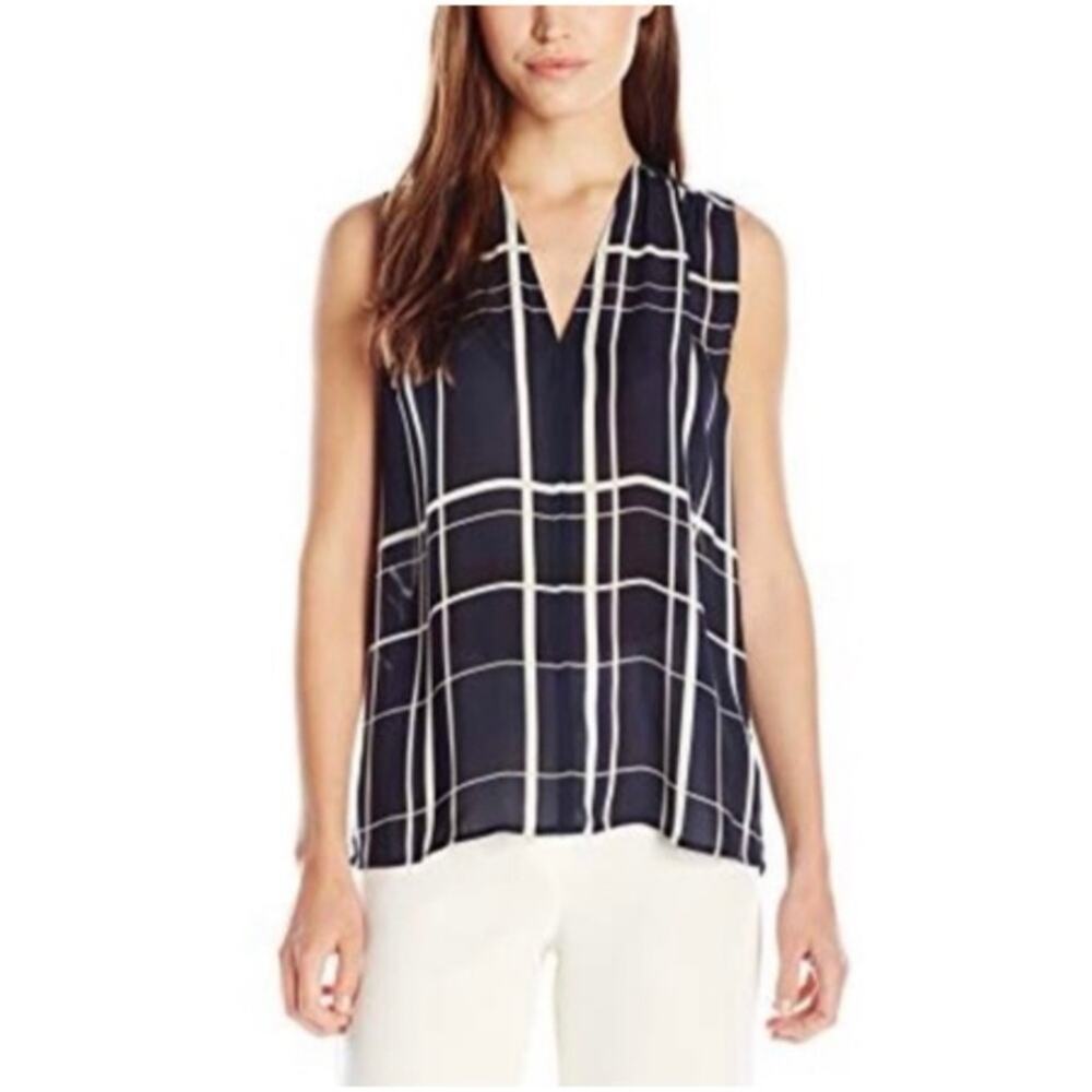 Vince Women’s Sz S Navy Ivory Sleeveless Top Silk Lattice Blouse Shirt
